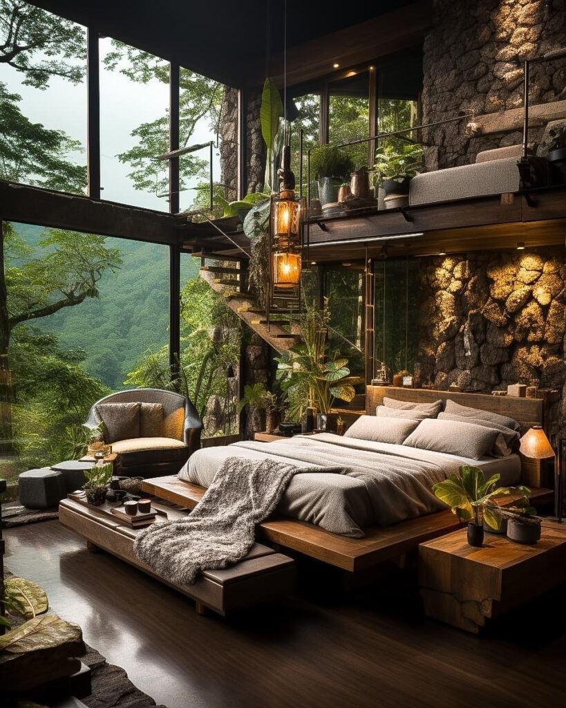 Nature-themed, cozy bedroom with the view of a forest.