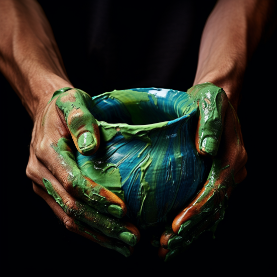 Hands covered in paint holding a pot.