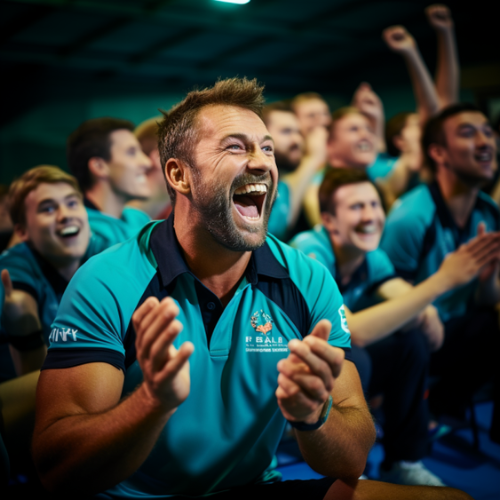 A man with a crowd cheering.