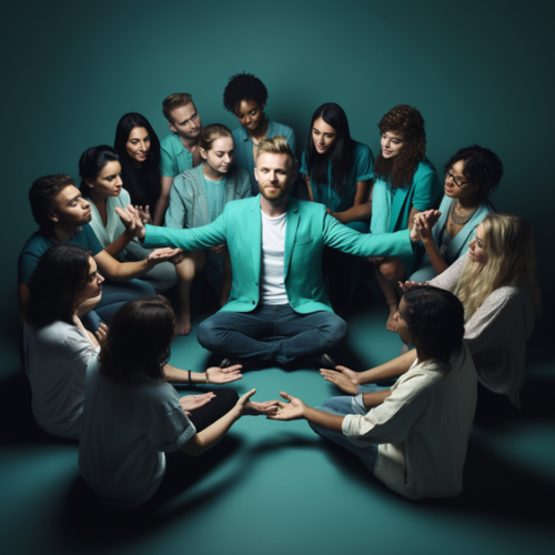 People, in teal, gathering around a man in the middle.