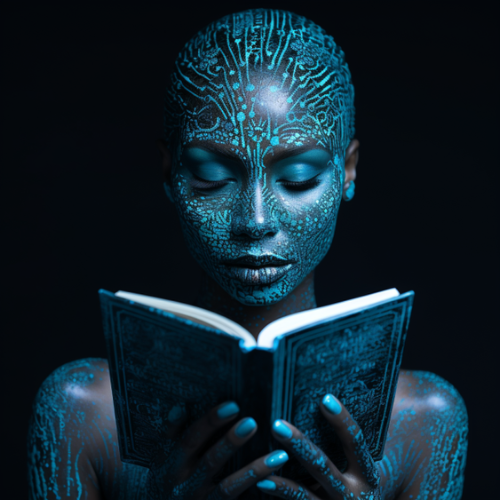 Futuristic image of a woman acquiring knowledge.