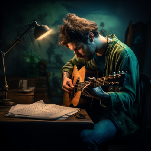 A man in his guitar writing a song.