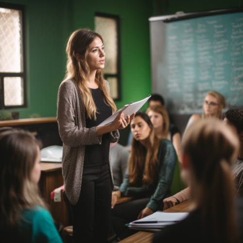 A woman lecturing students.