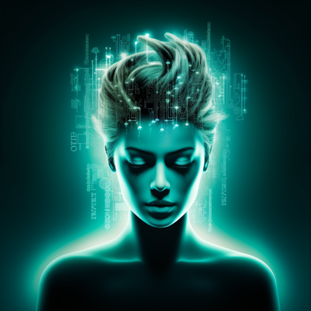 Futuristic image of a woman in glowing outline.