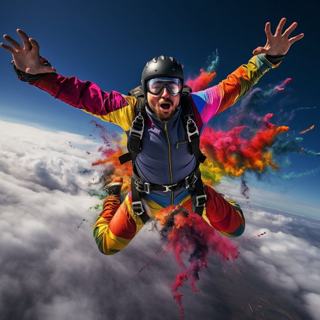 A man skydiving burst in colors.