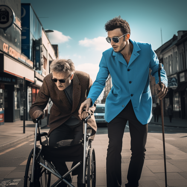 A man helping an old man with a walker.