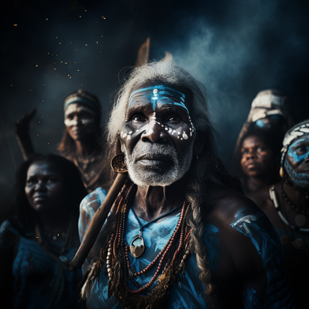 An ethnic face paint on a man's face.