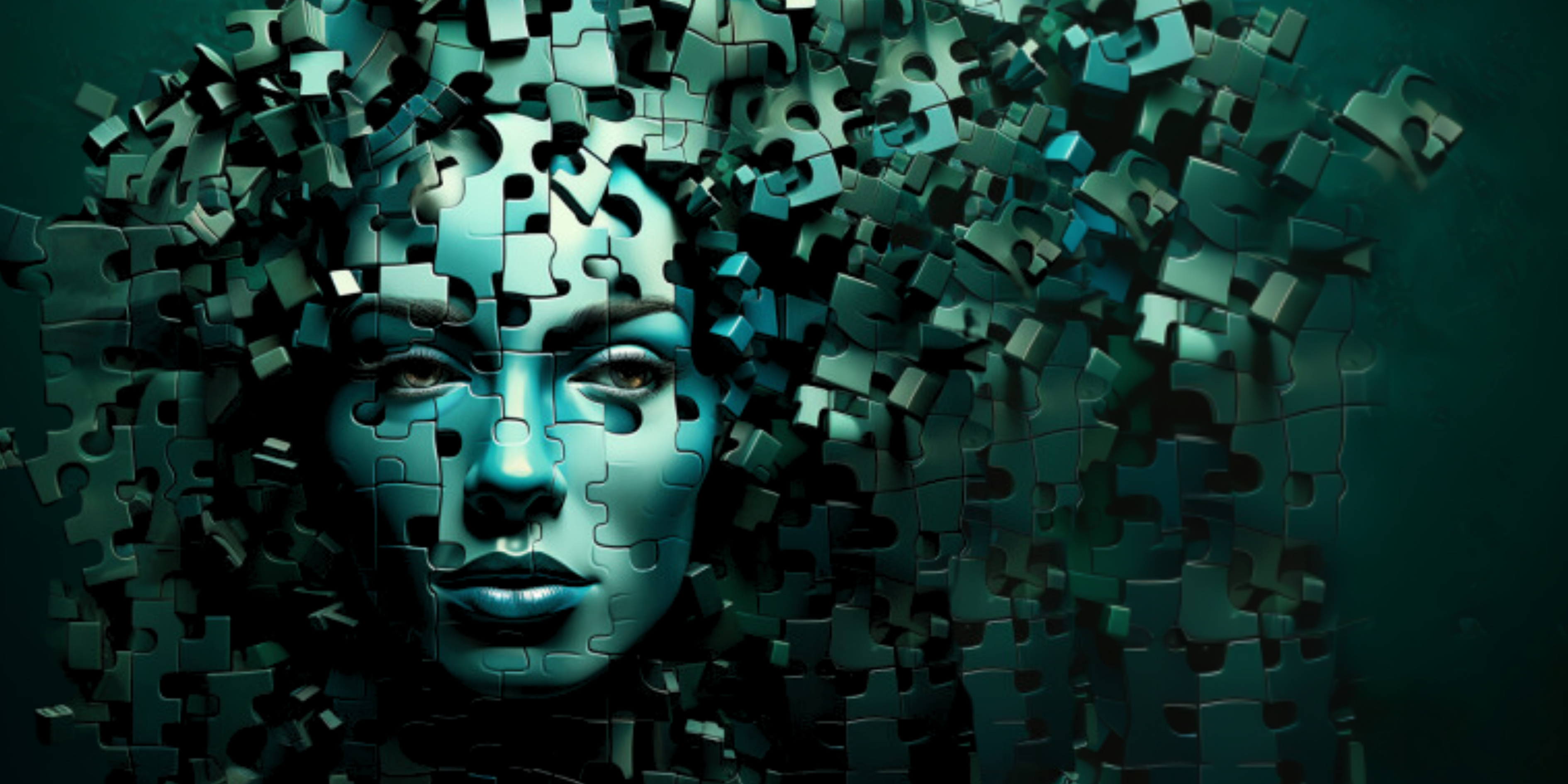 A futuristic image of a woman formed in a jigsaw puzzle.